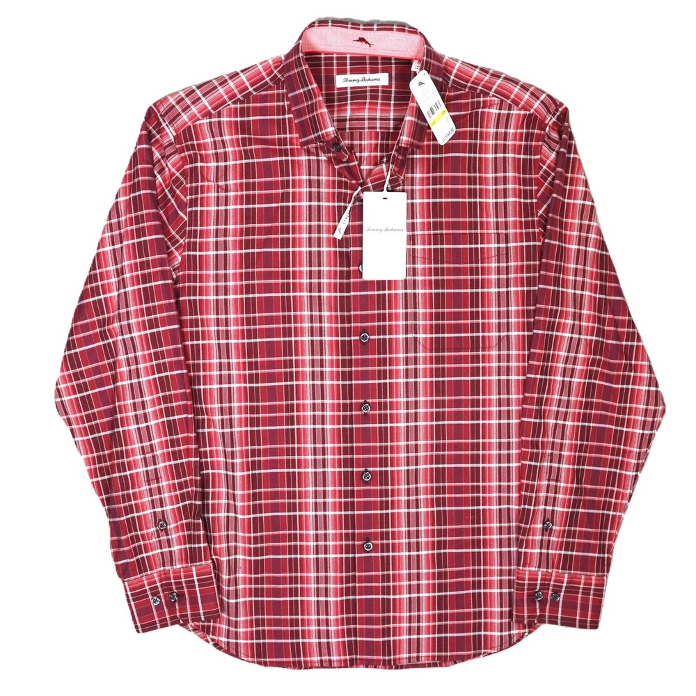 Tommy Bahama Lazlo Plaid Long‎ Sleeve Button Up Shirt Red Cherry Stone Mens M